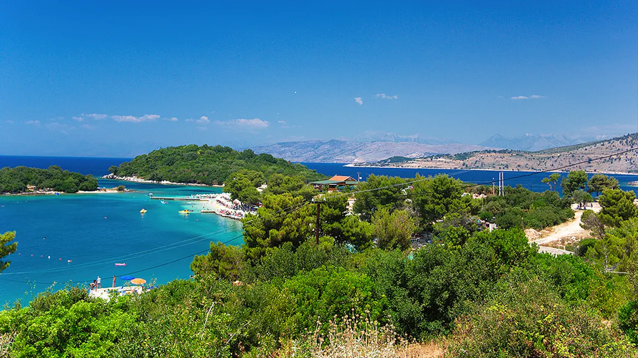 Turquoise bays and small green islets at Ksamil on the southern Albanian Riviera