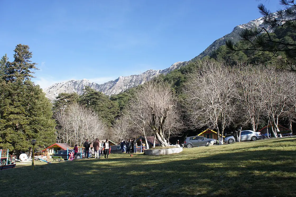 The grassy Llogara tourist village with cabins and bare winter trees below the snow-dusted Ceraunian peaks