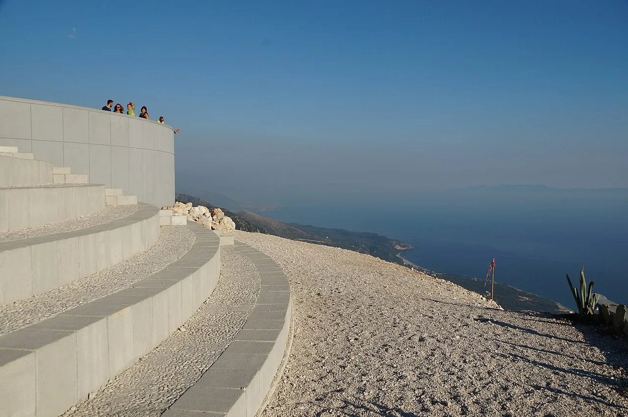 The Ionian coast seen from the Llogara viewing platform, high above the tunnel that now carries the through traffic