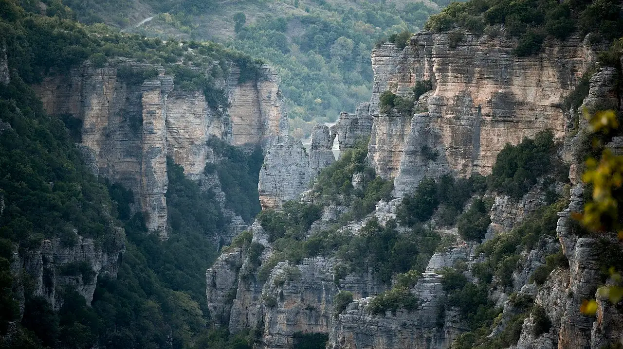 Sheer limestone walls of Osumi Canyon dropping into a wooded gorge in the Skrapar hills