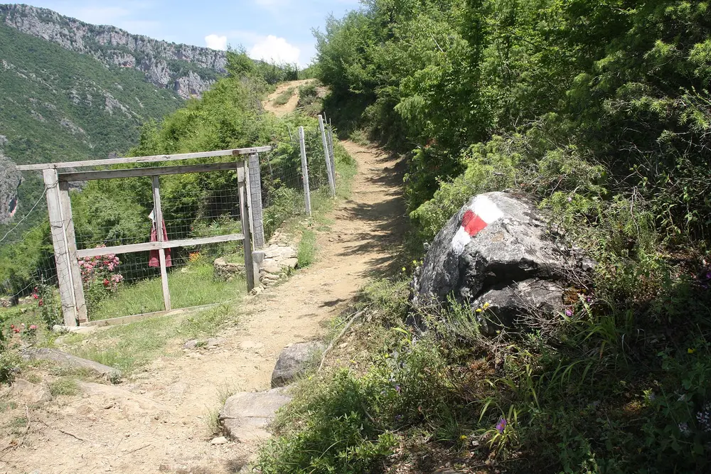 A dirt path climbing past a wooden gate and a boulder painted with a red and white mark, with a rocky gorge wall in the distance