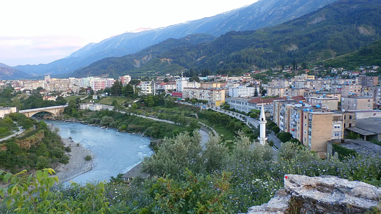 A general view over the town of Permet with its mixed Ottoman and socialist-era buildings