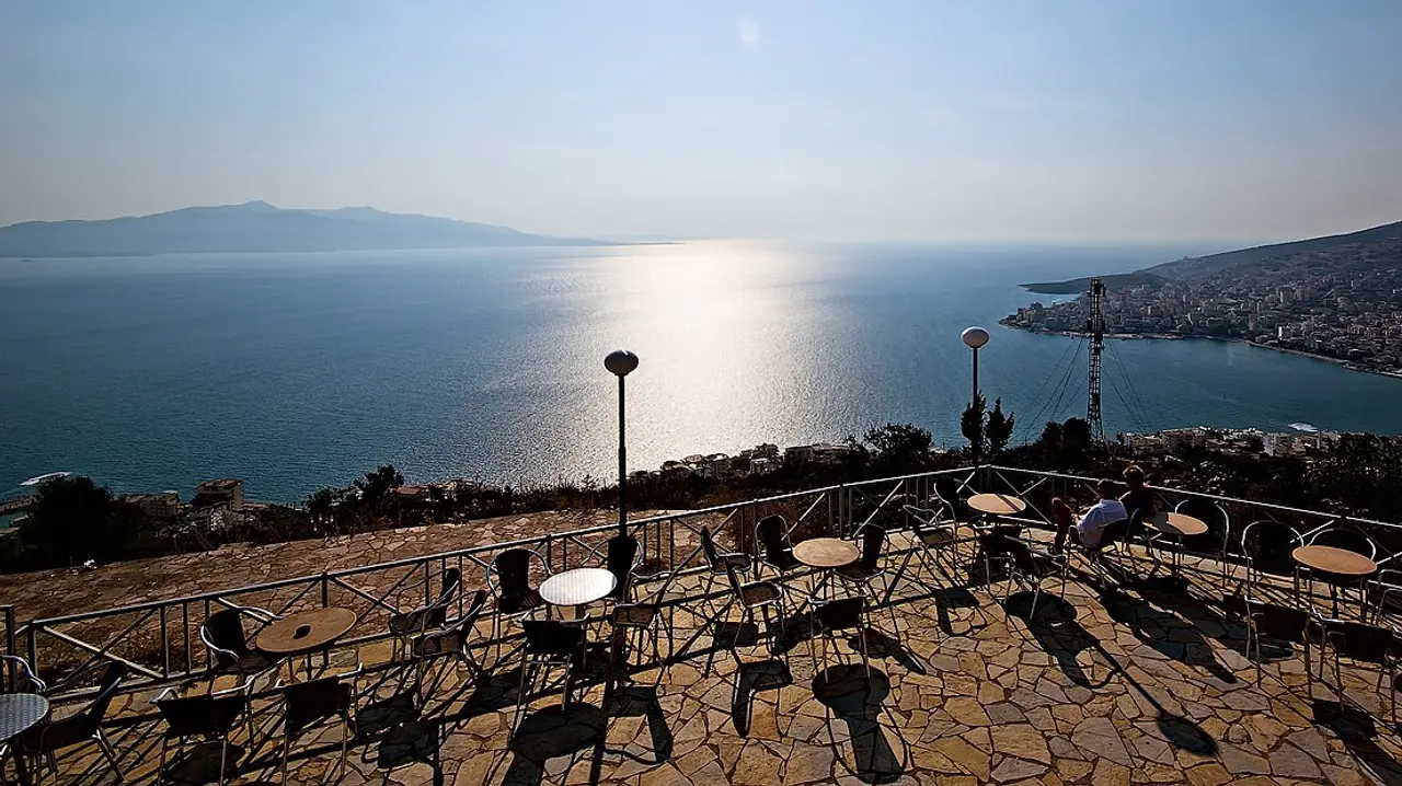 View over Saranda bay and the Ionian Sea from the café terrace at Lëkurësi Castle