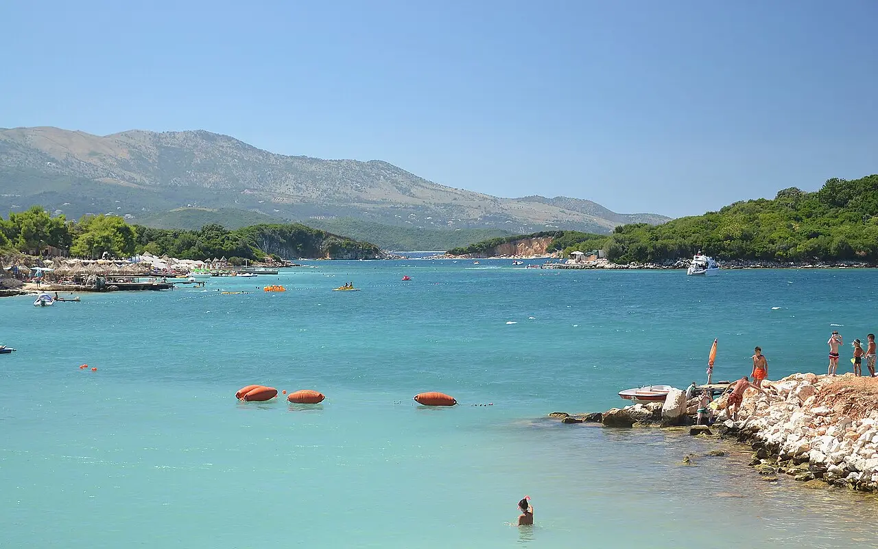 The wooded islets and clear blue water of Ksamil bay south of Saranda