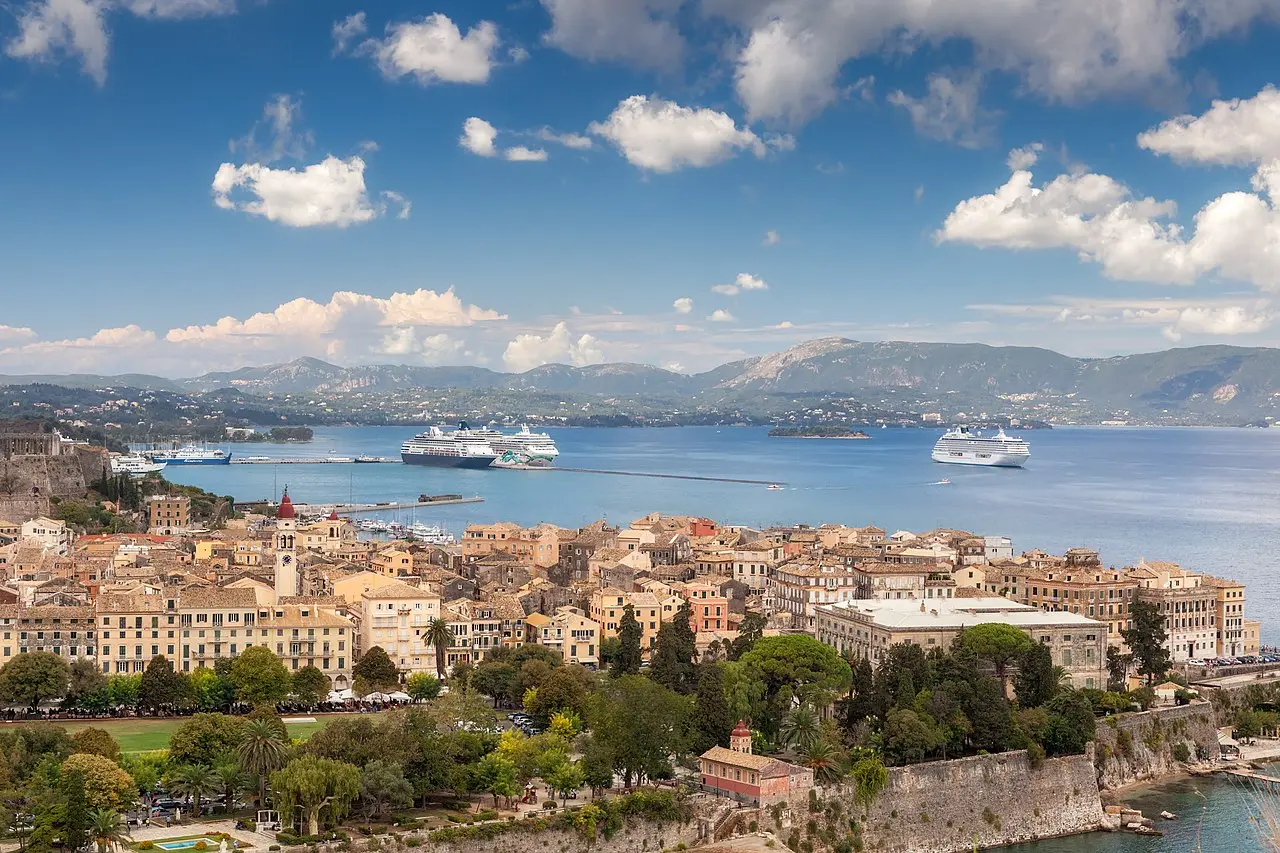 Aerial view over the rooftops of Corfu Old Town with its churches and squares