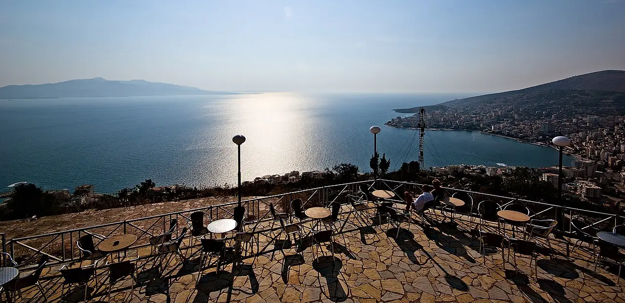 Panorama of Saranda and its bay on the Albanian Riviera seen from Lekursi Castle