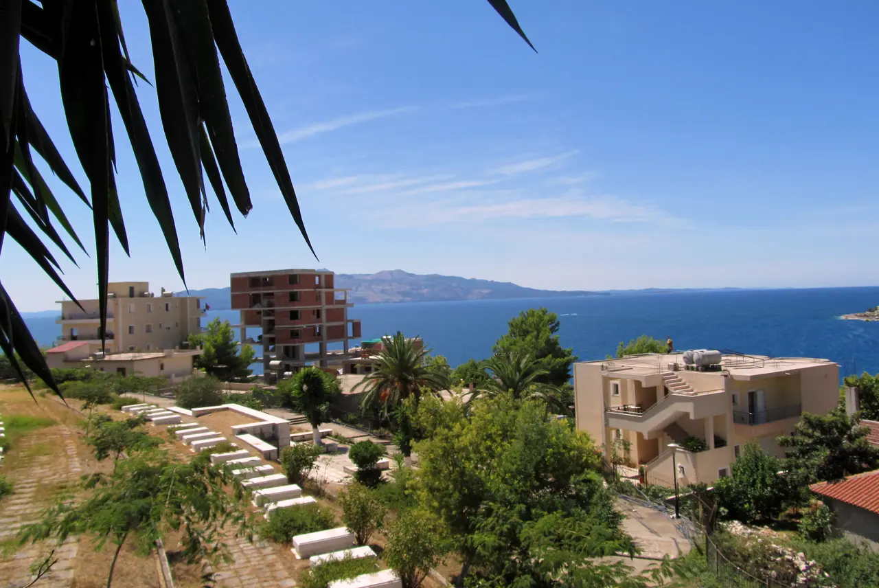 View over Saranda's bay and waterfront on the Albanian Riviera with the Ionian Sea beyond
