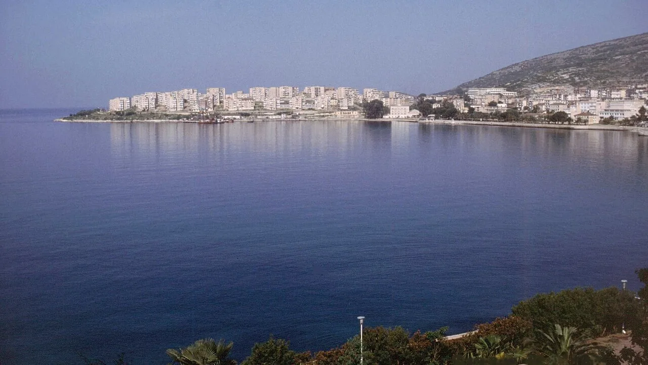 Panorama of Saranda spread around its horseshoe bay on the Ionian Sea in southern Albania