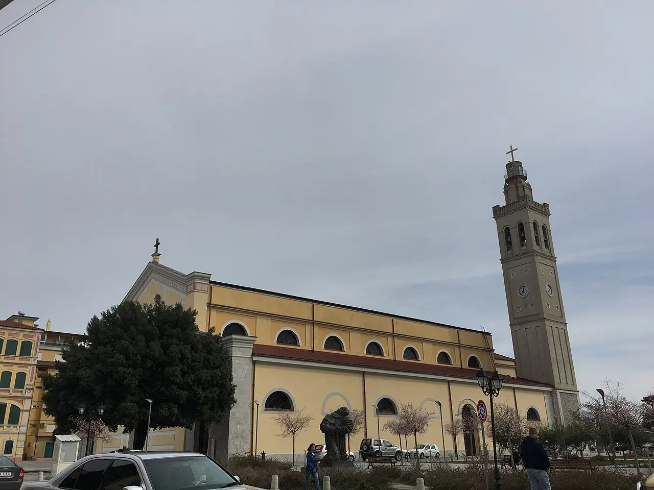 The tall facade and bell tower of Shkodra Catholic Cathedral