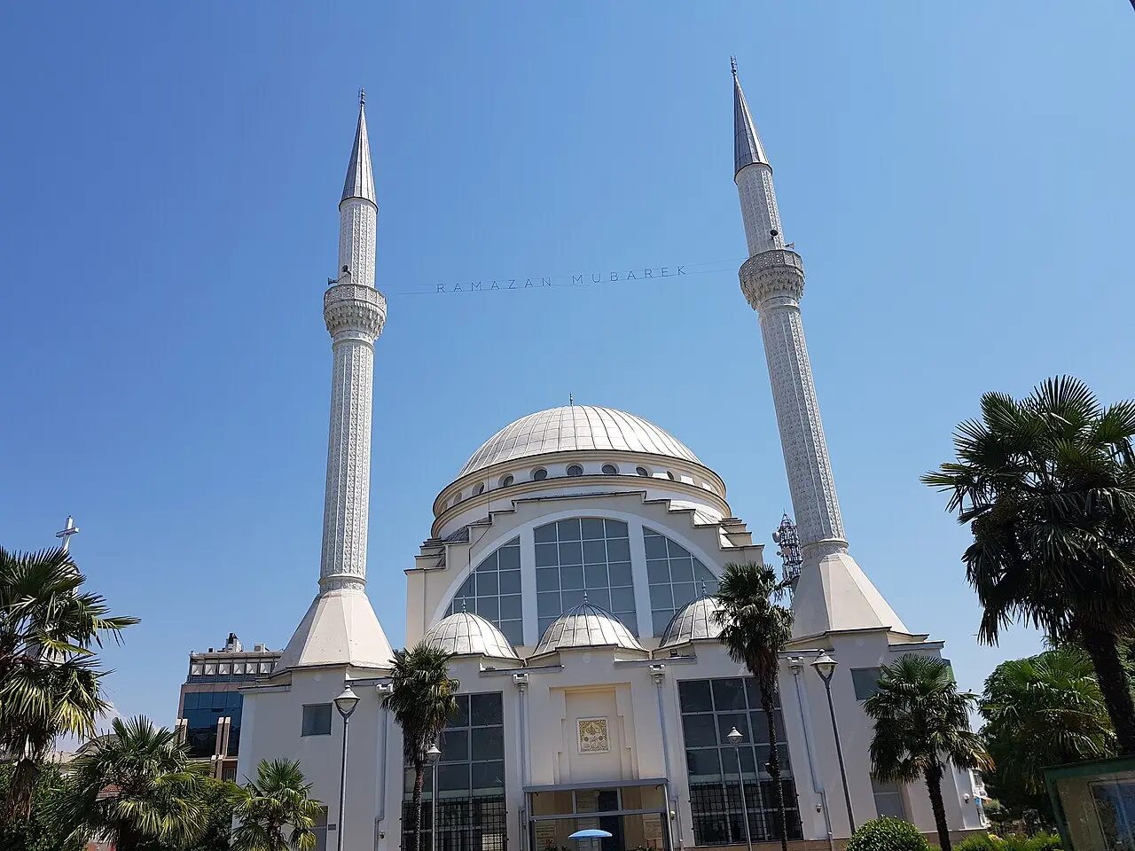 The white minaret and domes of the Ebu Bekr Mosque in central Shkodra