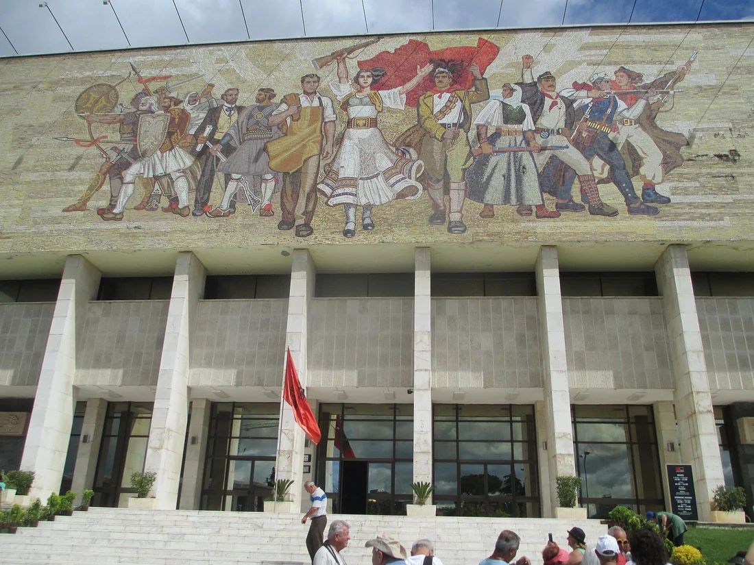Large socialist realist mosaic above the columned entrance of the National Historical Museum
