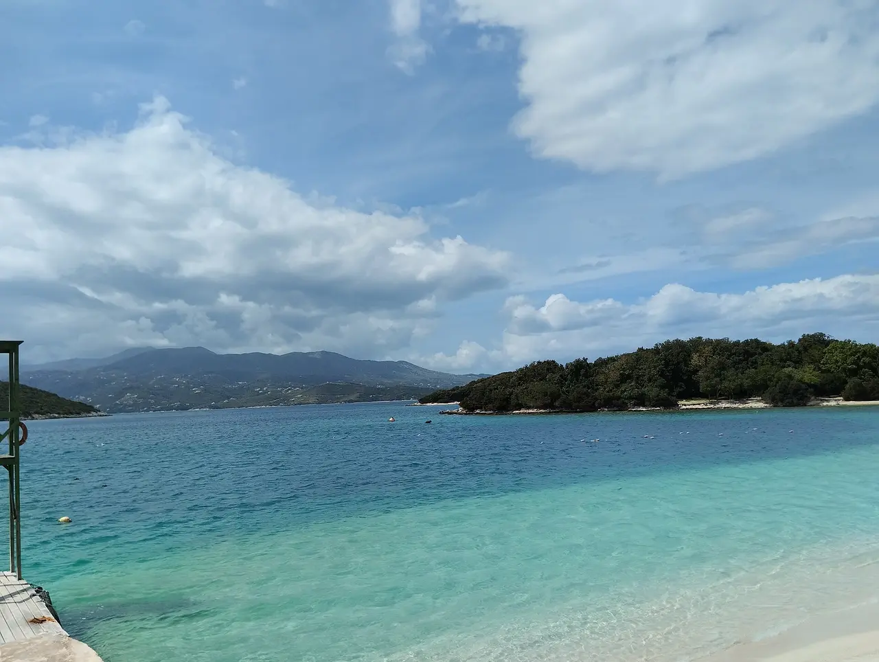 The turquoise water and small wooded island off a Ksamil beach, with pale sand and the mainland hills behind