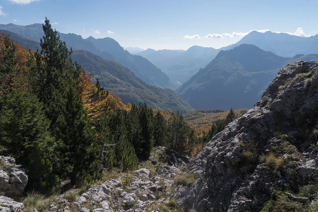 Wooded slopes and bare limestone peaks inside Theth National Park