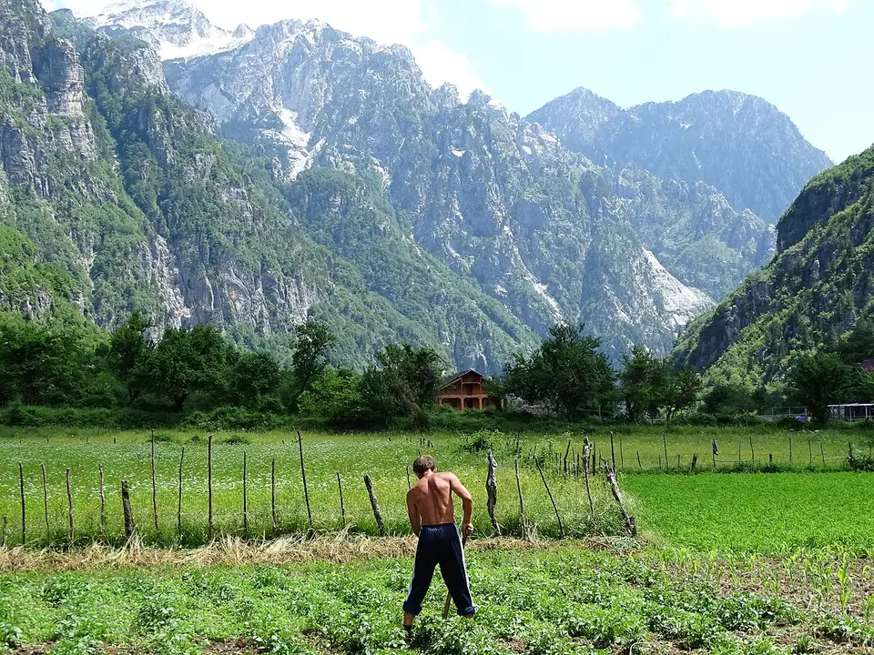 A farmer working a vegetable patch in a green meadow below the peaks of Theth, with a wooden farmhouse in the background