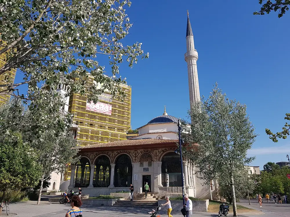 The Et'hem Bey Mosque in central Tirana with a tower behind it