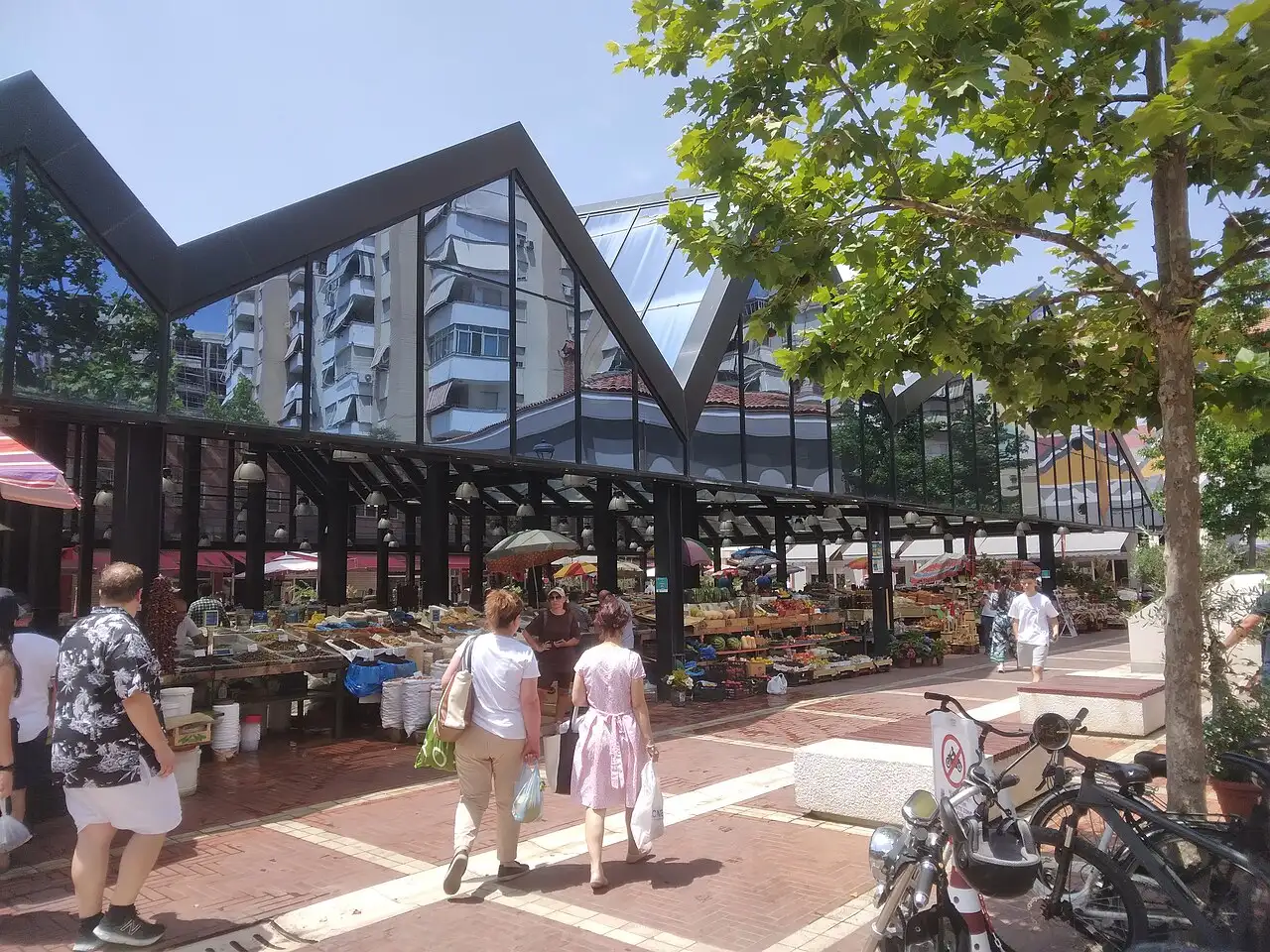 Shoppers and produce stalls at Pazari i Ri, the New Bazaar in Tirana