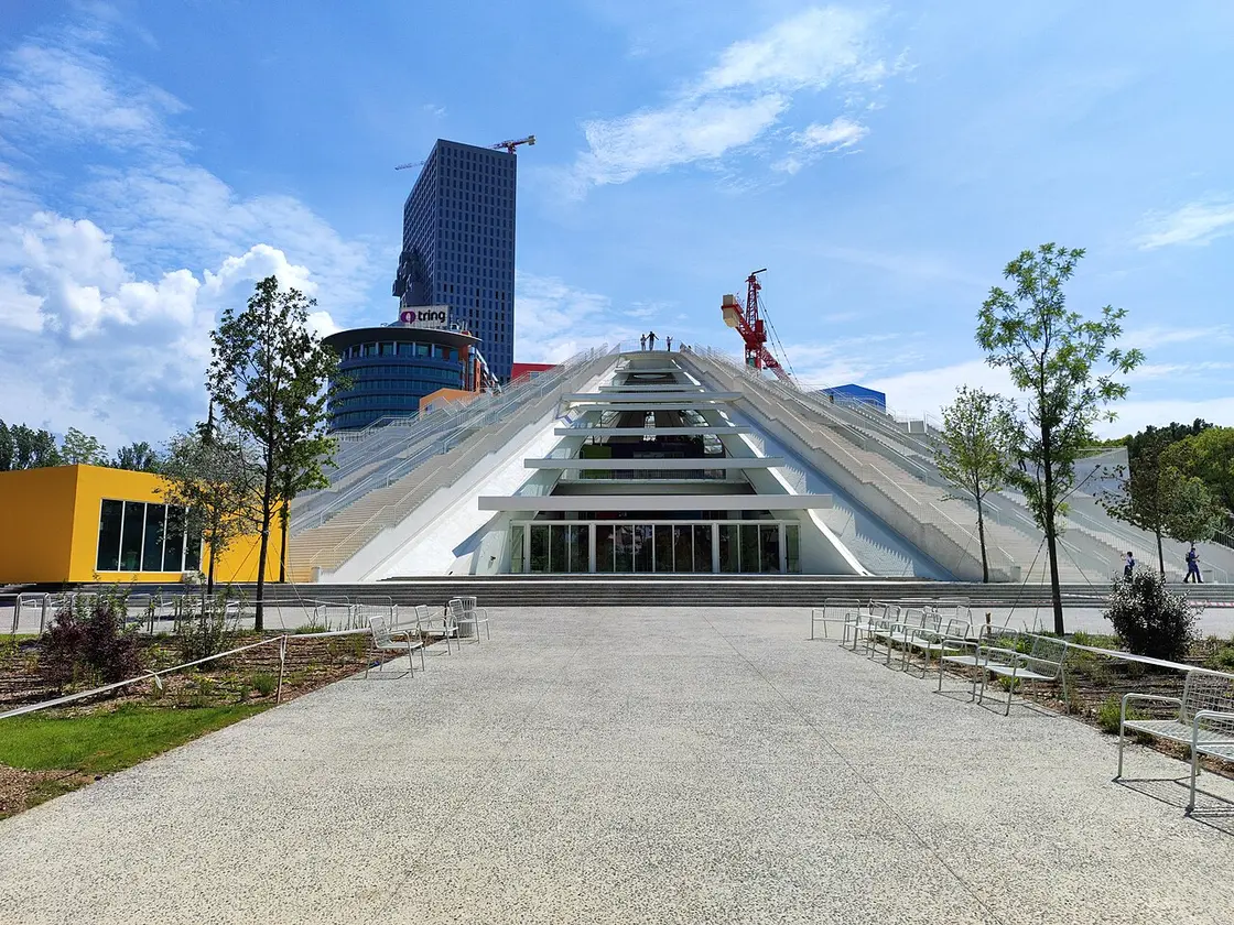 The renovated Pyramid of Tirana with its climbable staircase and colourful boxes