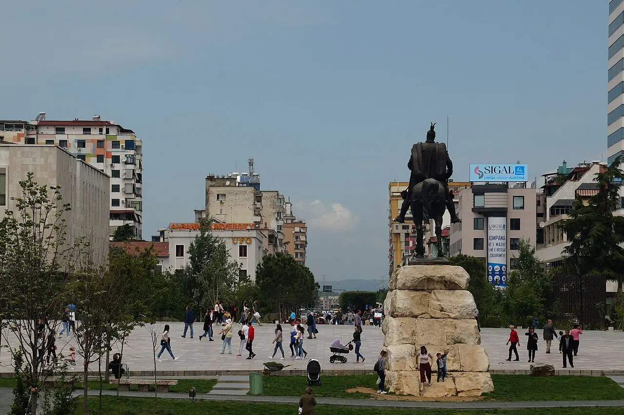 The equestrian statue of Skanderbeg on the main square in Tirana