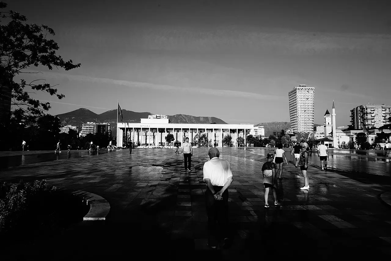 Skanderbeg Square in central Tirana with the National History Museum mosaic and open plaza