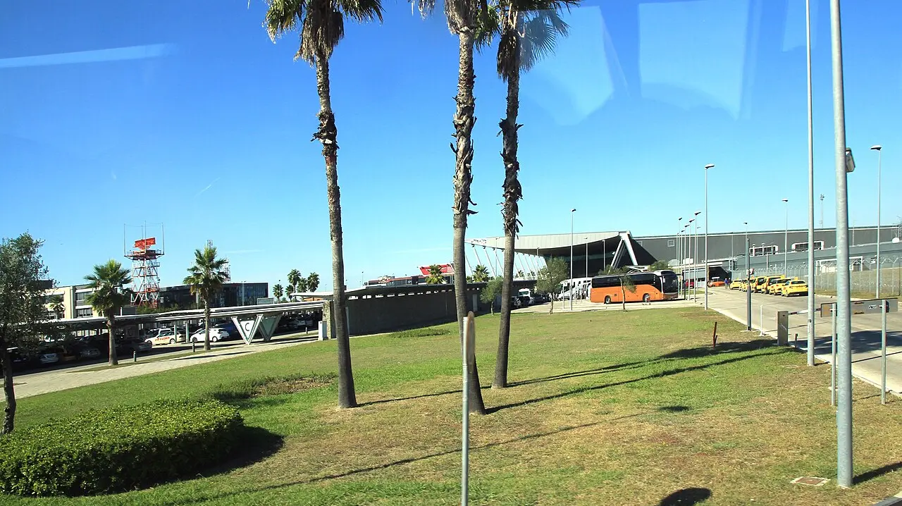The landside frontage of Tirana International Airport Nene Tereza with palm trees and the control tower behind