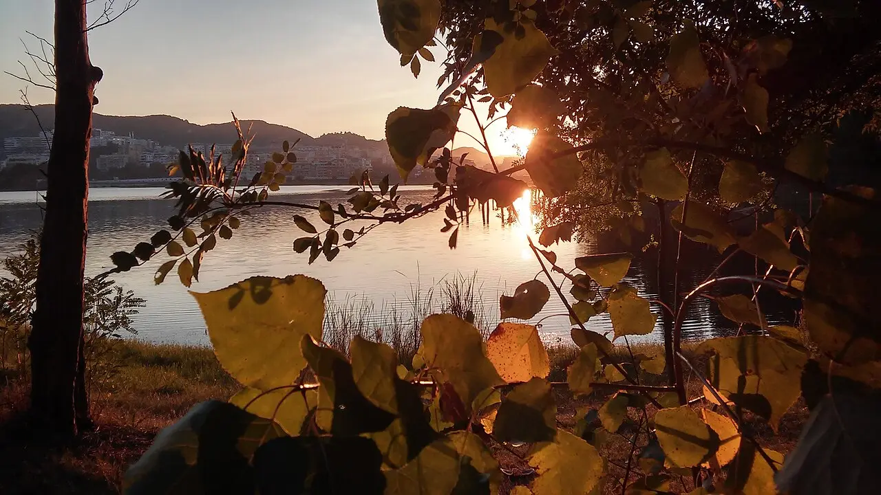 Sunset over the artificial lake in Tirana's Grand Park, seen through autumn leaves with the city on the far shore
