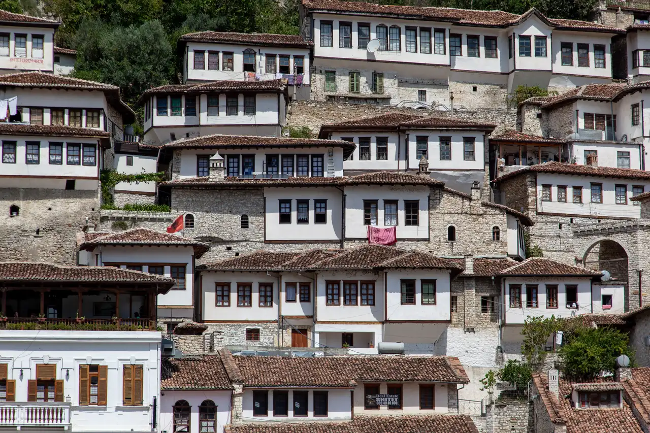 The Osum River running through Berat with the old town and bridge, central Albania