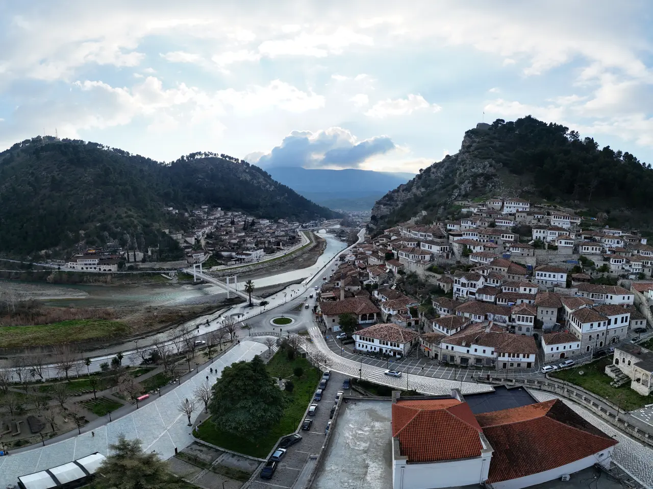 Panorama of the Mangalem and Gorica quarters of Berat facing each other across the Osum River