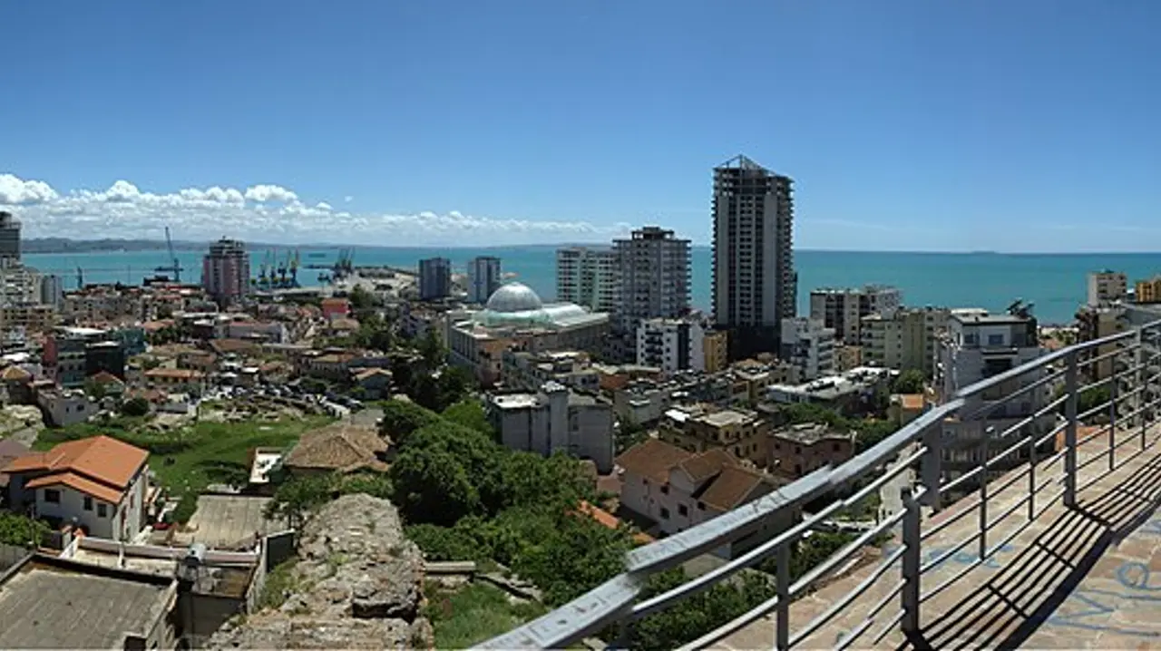 The city of Durres and its port on the Adriatic seen from the hill above the old town in Albania