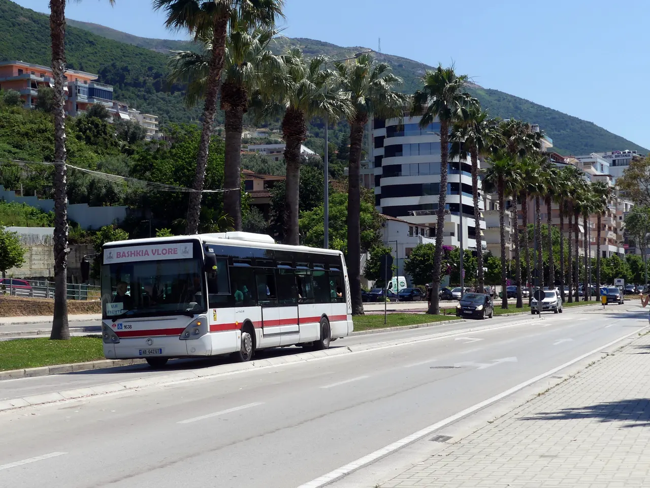 A public bus on a street in Vlora, Albania, on the coastal corridor between Tirana and Himara