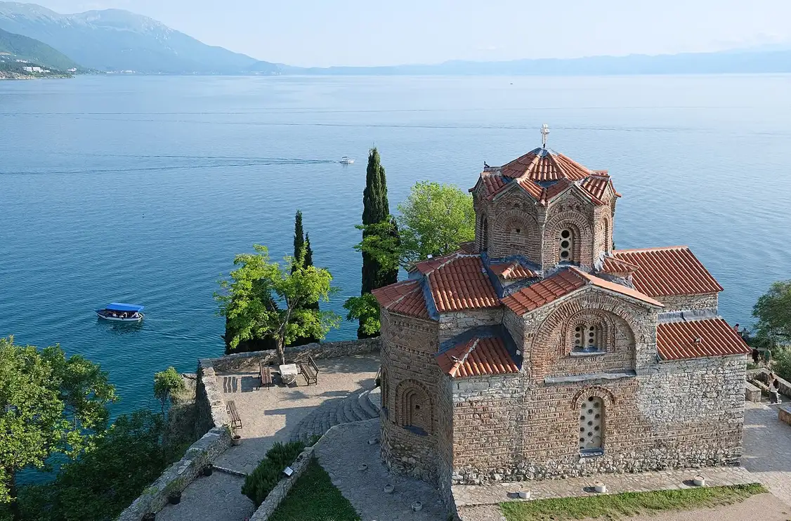 The Church of St John at Kaneo standing on a cliff above the blue water of Lake Ohrid in North Macedonia