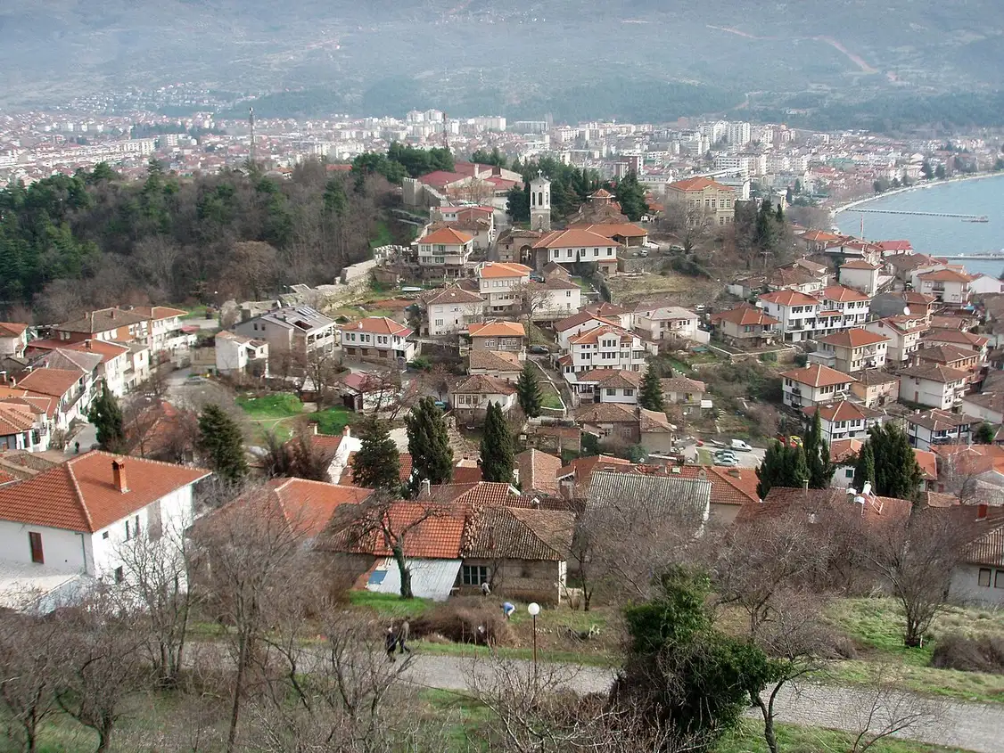 The old town of Ohrid rising up the hillside above Lake Ohrid, seen from Samuil's Fortress in North Macedonia