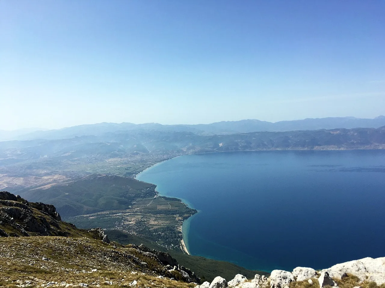 A high view over Pogradec and the blue expanse of Lake Ohrid from the Galicica mountain, Albania