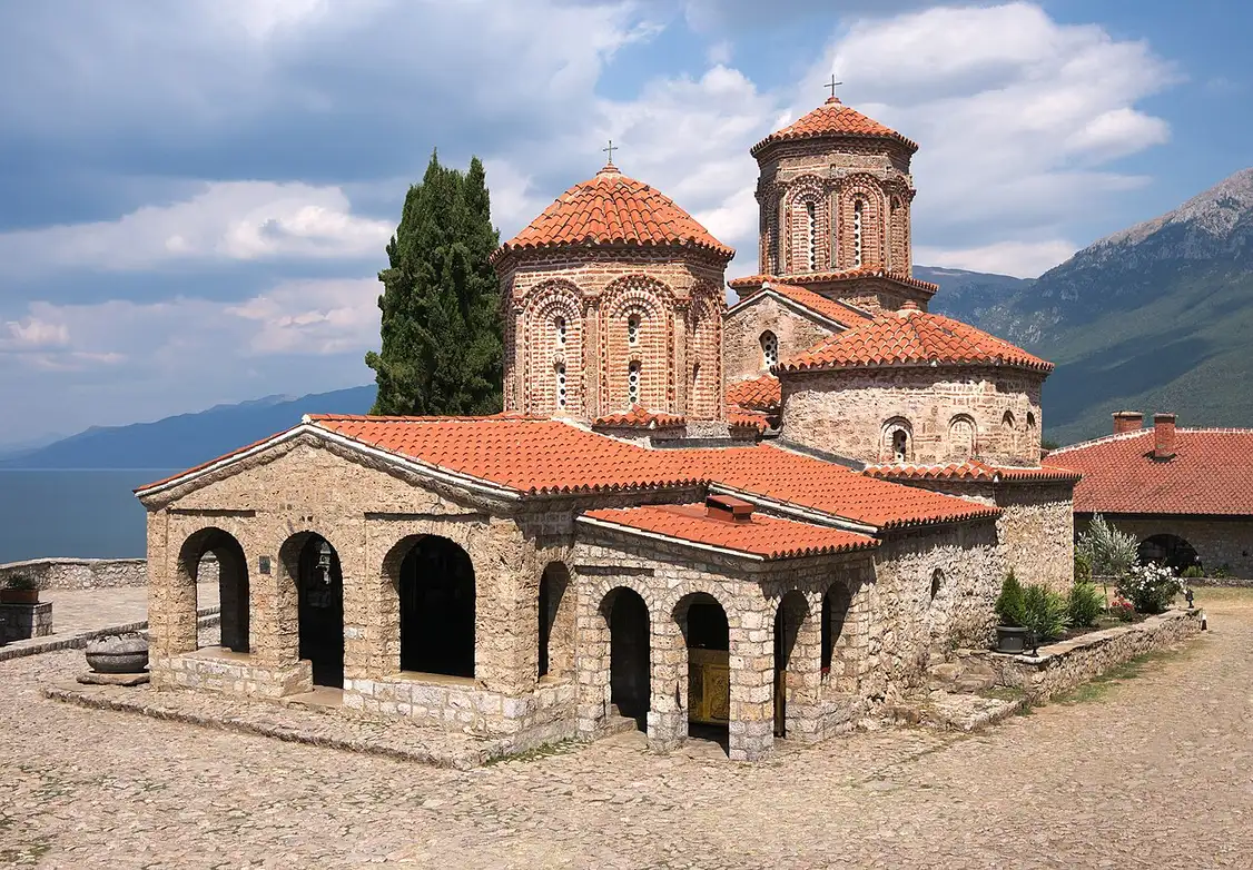 The Monastery of Saint Naum on a headland above Lake Ohrid near the Albania-North Macedonia border