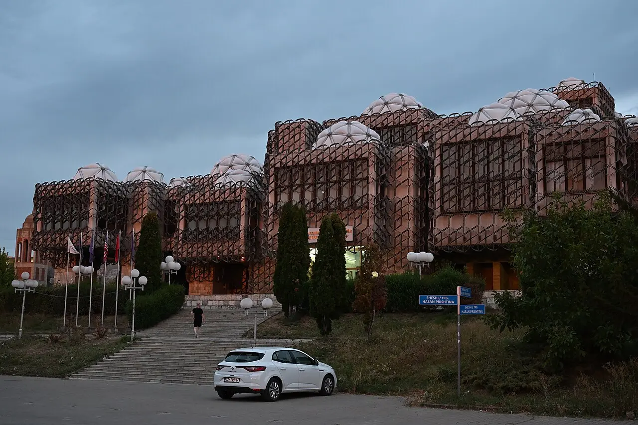 The cube-shaped National Library of Kosovo in Pristina with its white net facade