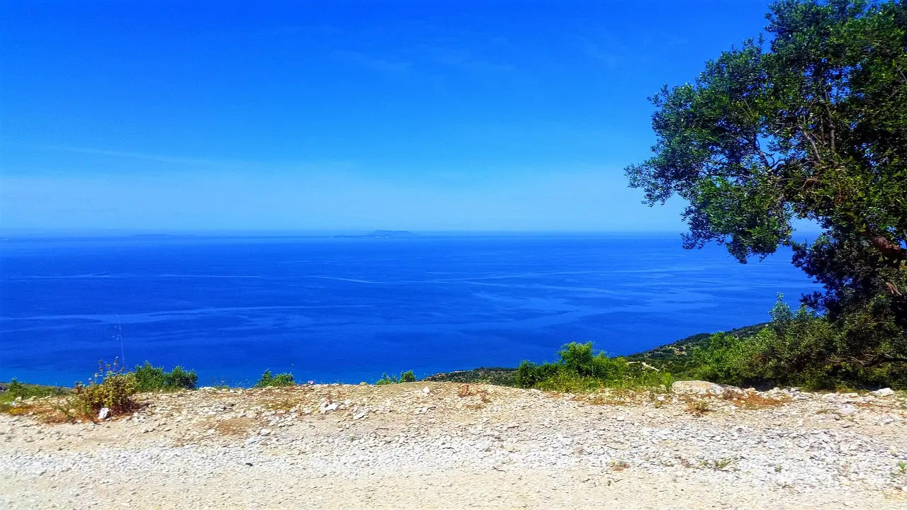The Ionian seen from a pull-in on the coast road south of the Llogara Pass, with distant islands on the horizon