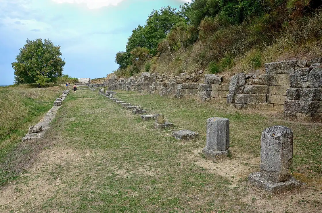 The grassy avenue of the Great Stoa at Apollonia, lined with column stumps and a low ashlar wall under trees