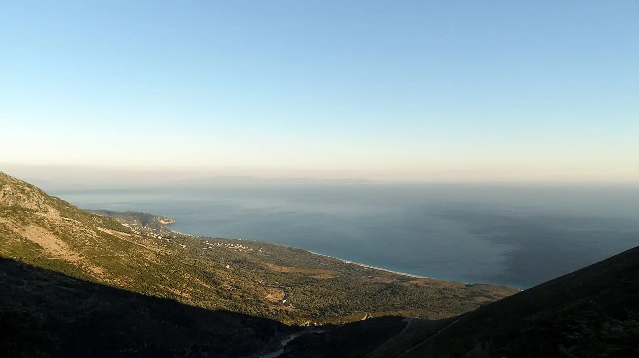 The Ionian coastline seen from the mountain road between Vlore and Sarande in southern Albania