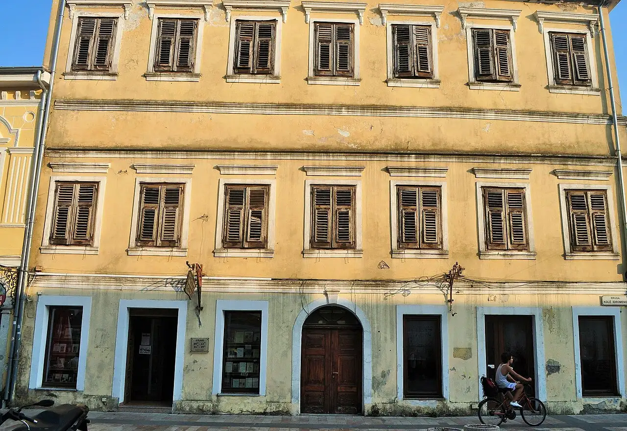 The pedestrian street Rruga Kole Idromeno in Shkodra with restored colourful buildings, cafes and people walking