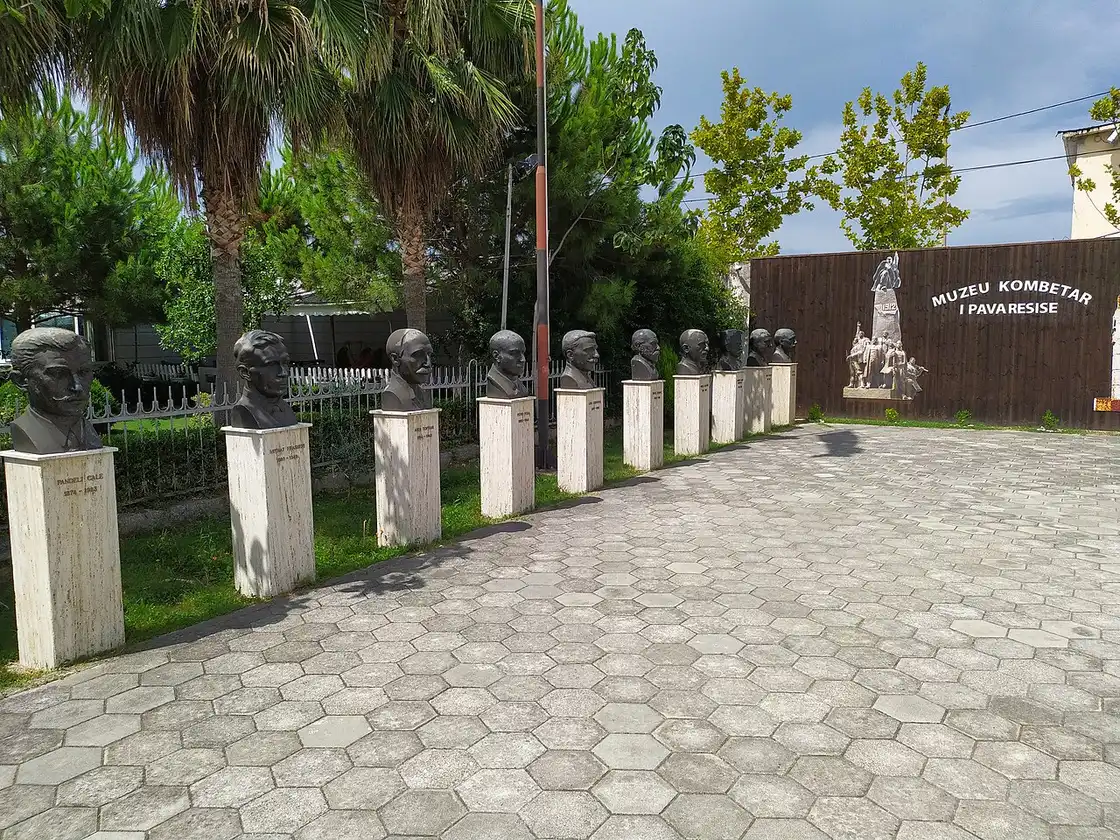 Bronze busts of Albania's founding fathers lining the entrance to the National Museum of Independence in Vlora