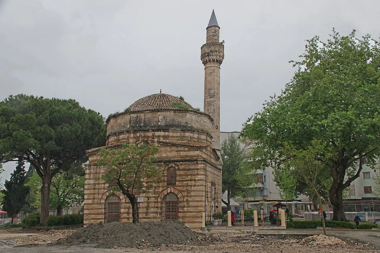 The stone Muradie Mosque, a 16th-century Ottoman mosque in the centre of Vlora, Albania