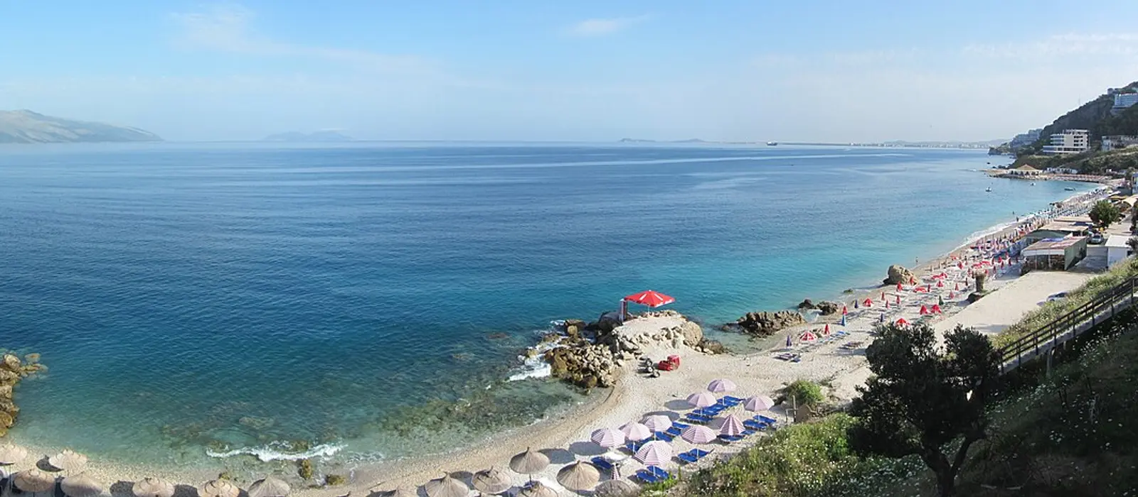 Panorama of Vlora city curving around its bay where the Adriatic meets the Ionian
