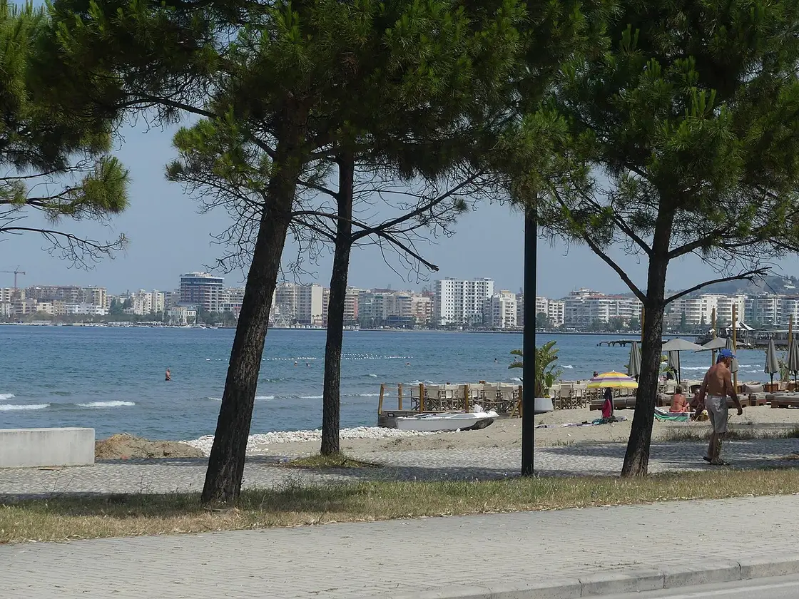 The palm-lined Lungomare seafront promenade along the bay in Vlora
