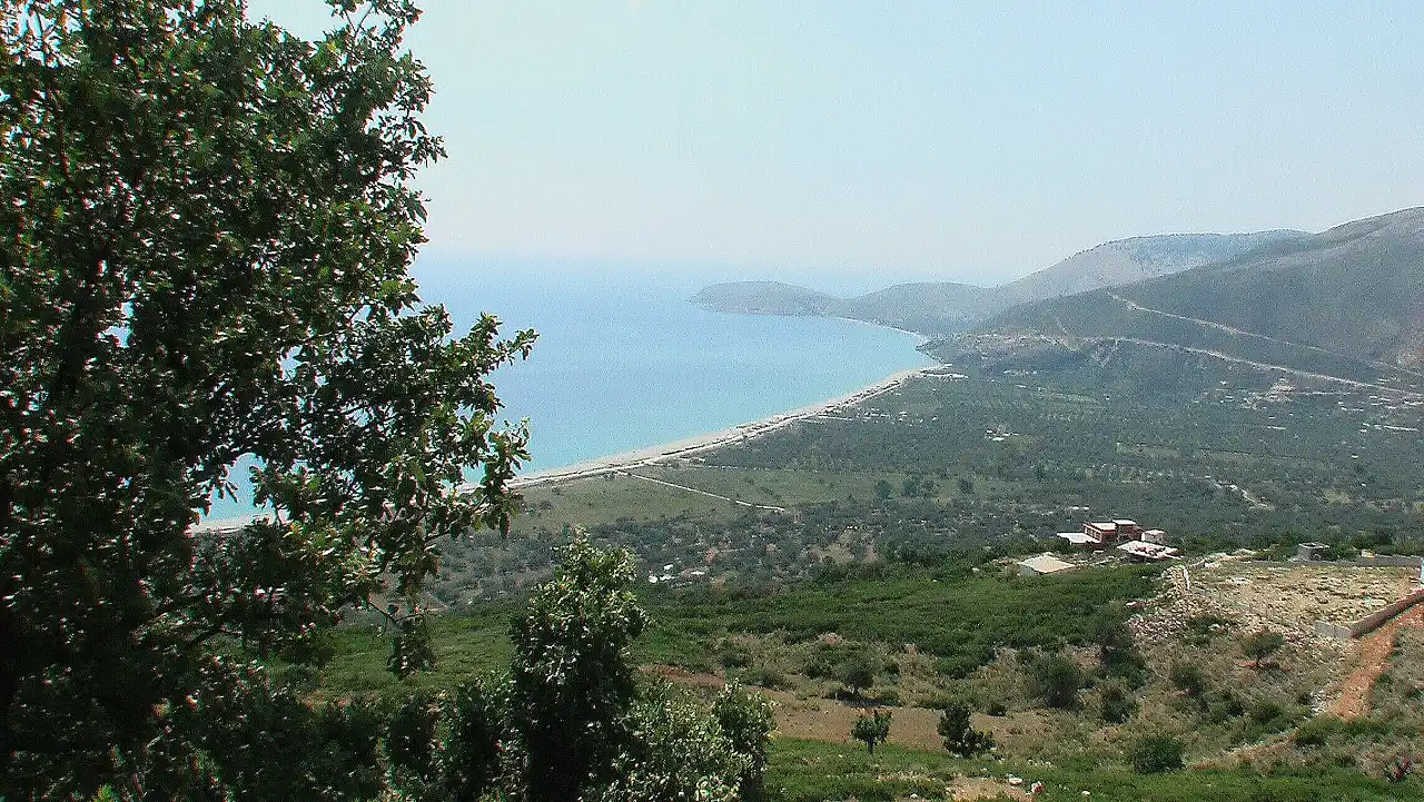 A hillside view over olive groves down to a long pale beach and bay near Qeparo and Borsh on the Albanian Riviera