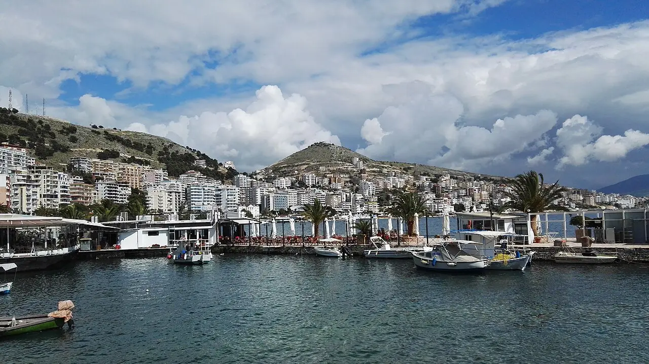 Fishing boats and the harbour waterfront in Saranda on the Albanian Riviera