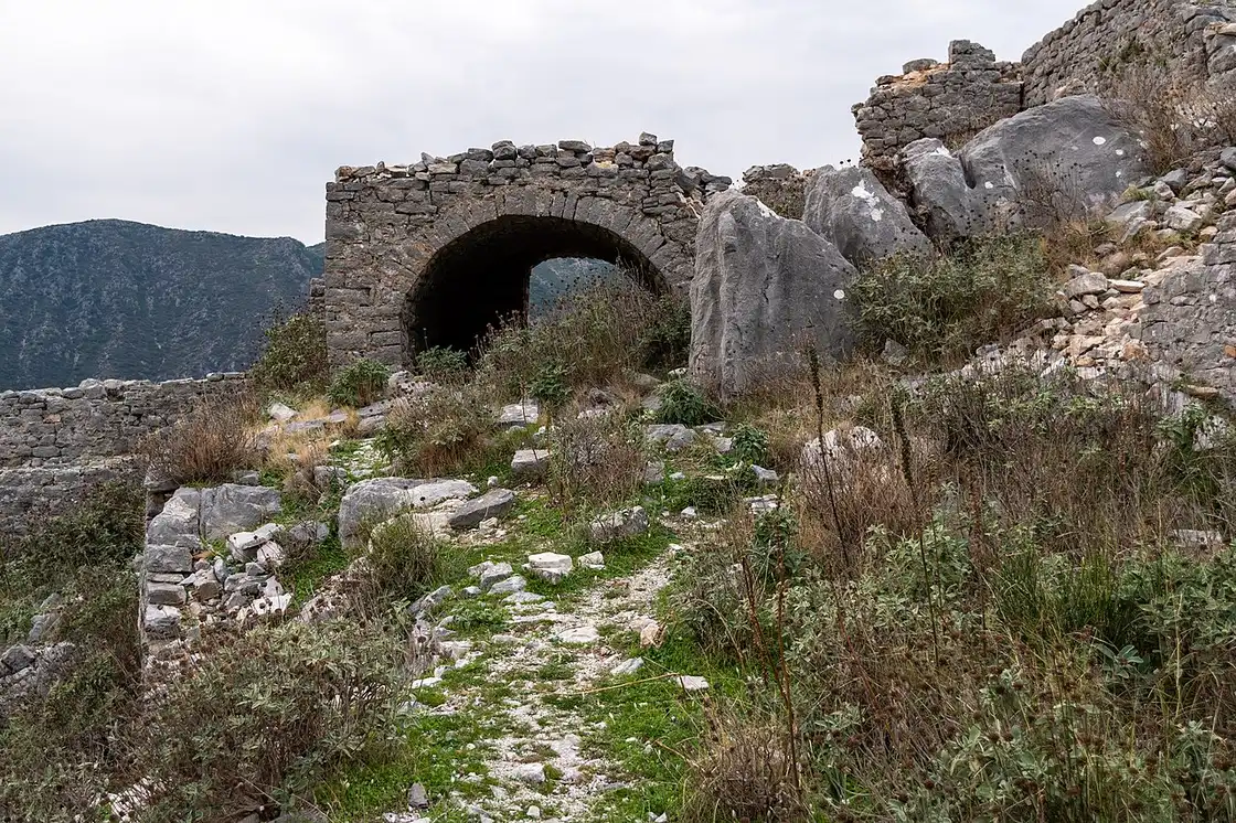 Coastal hills and Ionian water on the Albanian Riviera near Himara and Borsh
