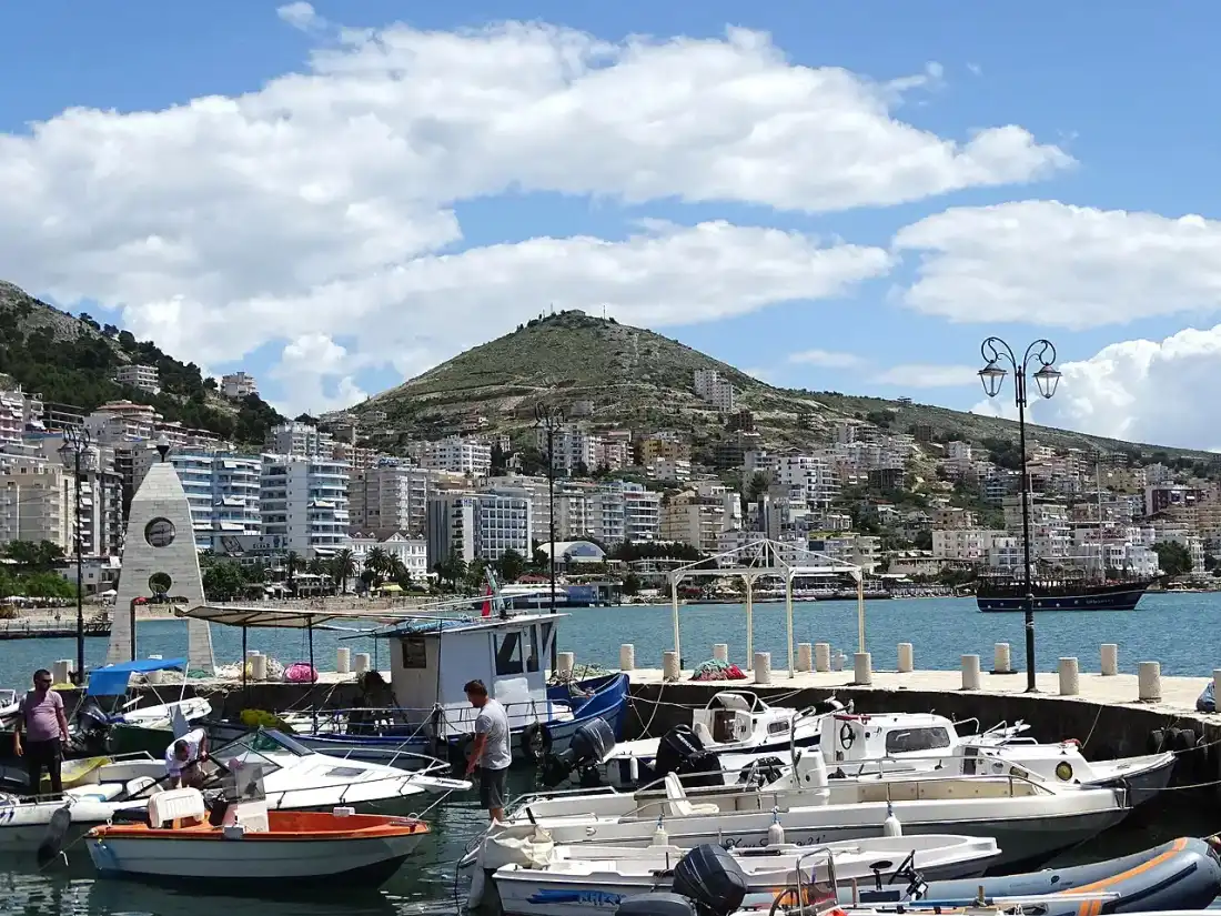 Fishing boats moored in Saranda harbour on the Albanian Riviera