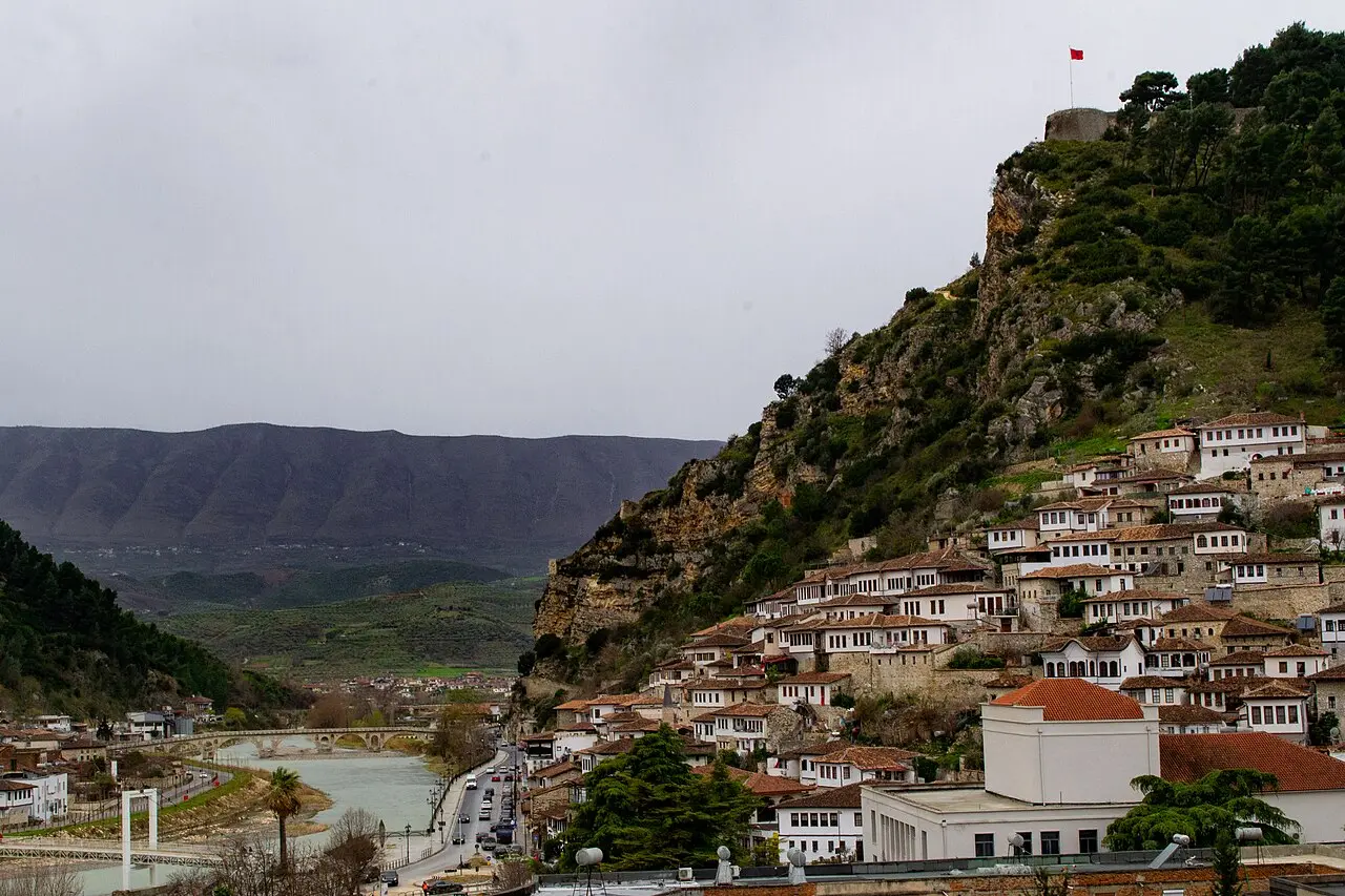 The white Ottoman houses of Berat stacked up the hillside below the castle, the city of a thousand windows
