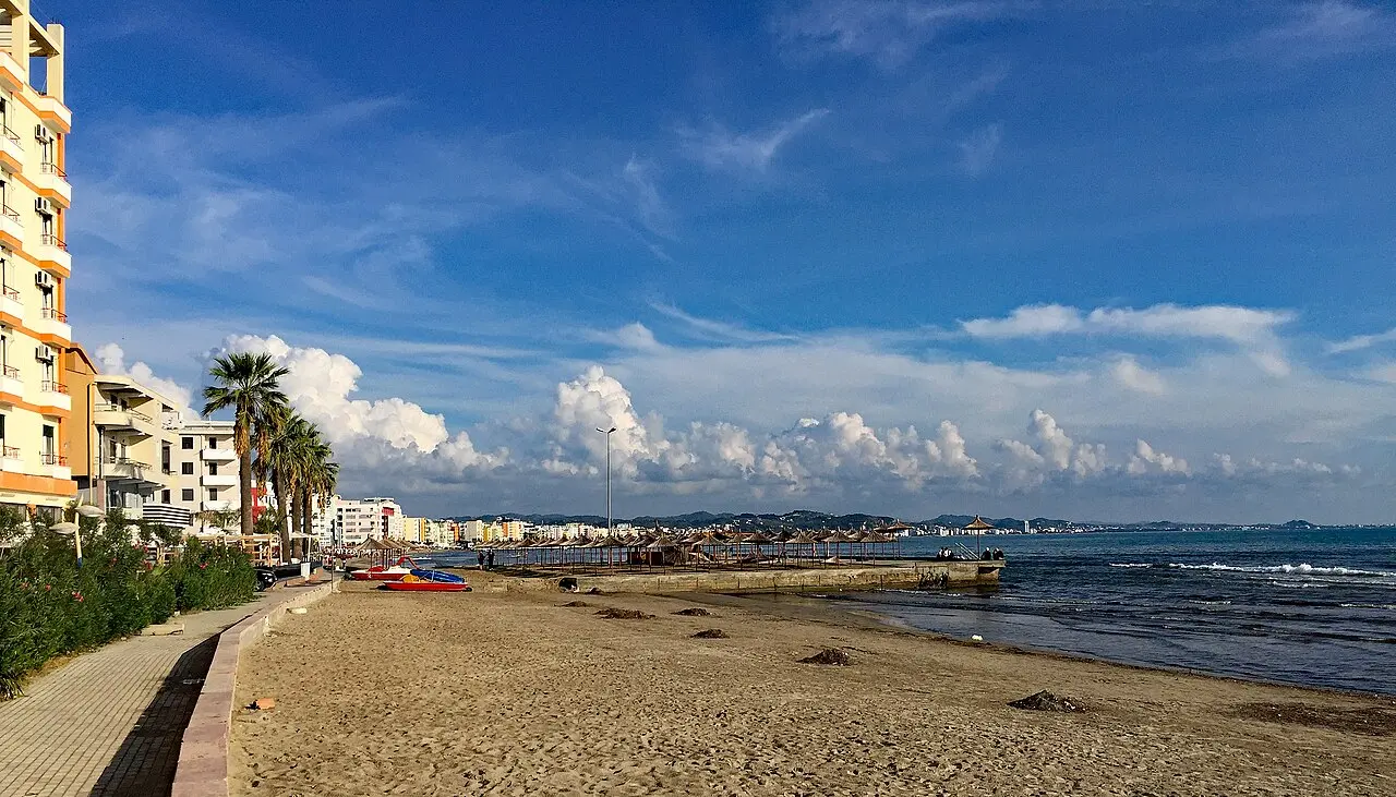 Empty Durres Plazh beach and seafront buildings in the quieter off-season