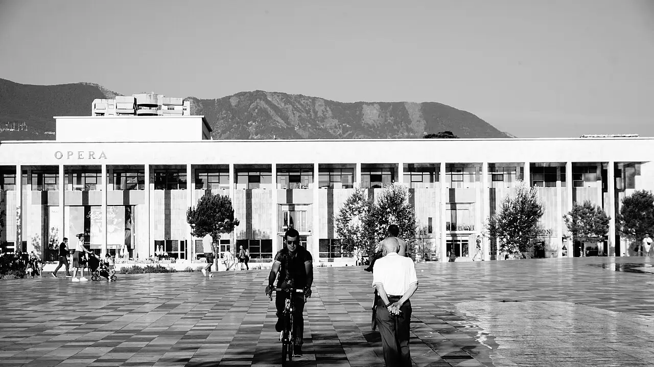 The renovated pedestrian Skanderbeg Square in central Tirana, with the National History Museum and surrounding buildings