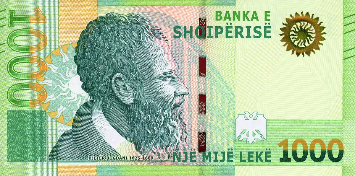 The front of the Albanian 1,000 lek banknote with a portrait of Pjeter Bogdani